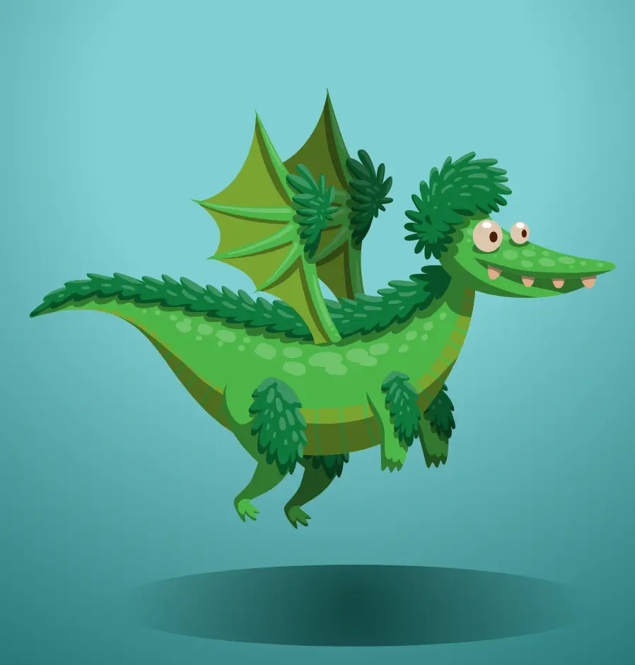 Cartoon illustration of a green flying dragon with a humorous expression